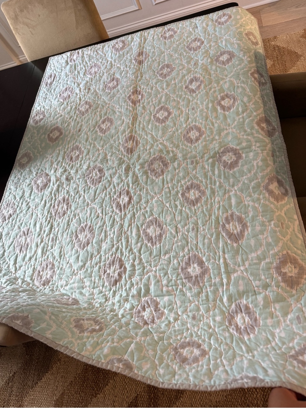 Pottery Barn Kids Aqua and grey Ikat Quilted reversible Baby crib blanket
